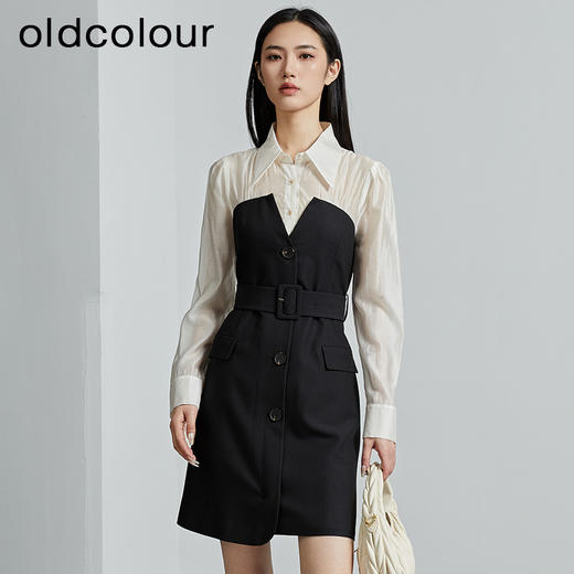oldcolour秋季新款拼接假两件是时尚通勤长袖连衣裙女P331006A1 商品图1