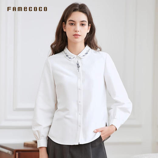 Famecoco范可儿衬衫绣花领设计感长袖灯笼袖女装衬衣FAB8BH004 商品图0