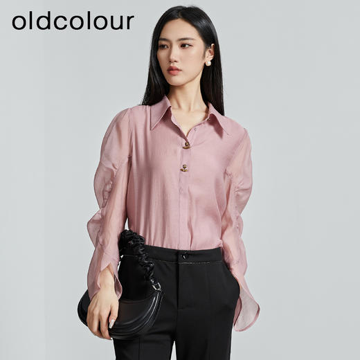 oldcolour秋季新款通勤时尚纯色花边袖长袖衬衫女P310107A1 商品图4