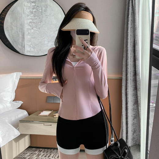 夏季防晒衣修身薄款带口袋冰丝开衫舒适透气防紫外线连帽防晒罩衫 商品图0