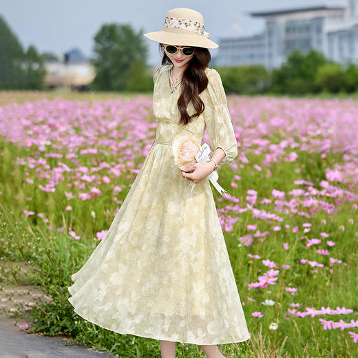 2024年夏季新款时尚气质高腰显瘦V领大摆碎花连衣裙 HR-SX3001 商品图3