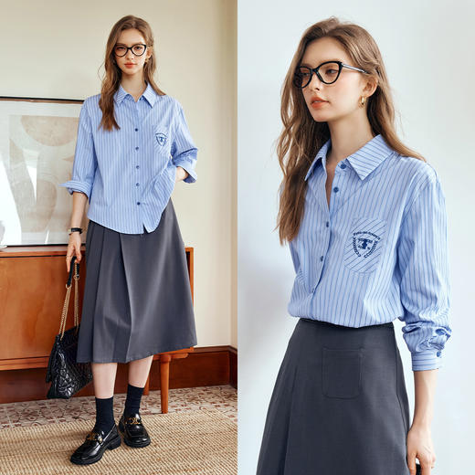 
OLrain欧芮儿蓝色条纹衬衫女秋季2024新款英伦学院风气质通勤衬衣 商品图2