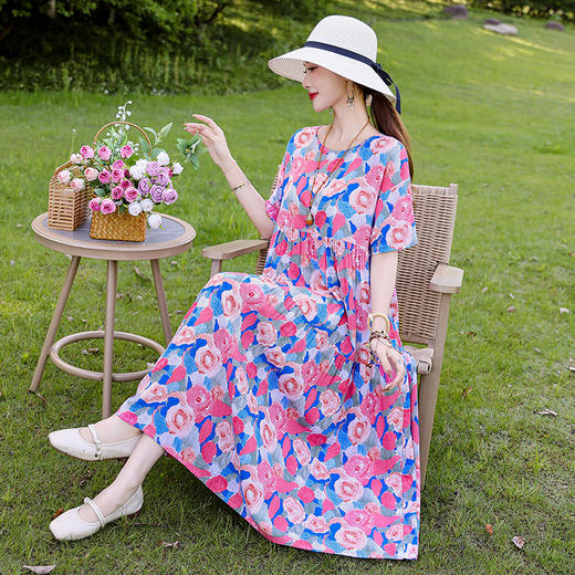 HS-01棉绸连衣裙女夏天大码气质宽松胖妈妈遮肚显瘦纯色休闲棉麻长裙子 商品图1