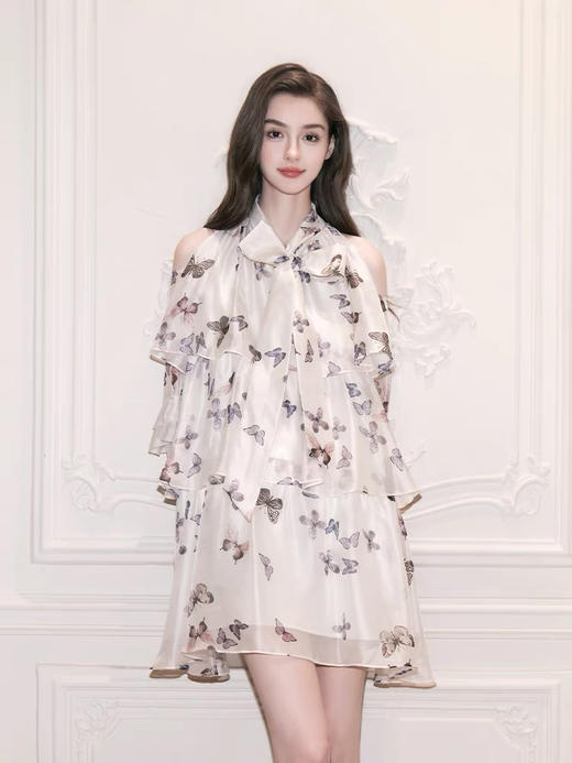 蝴蝶印花层叠裙摆露肩连衣裙 商品图2