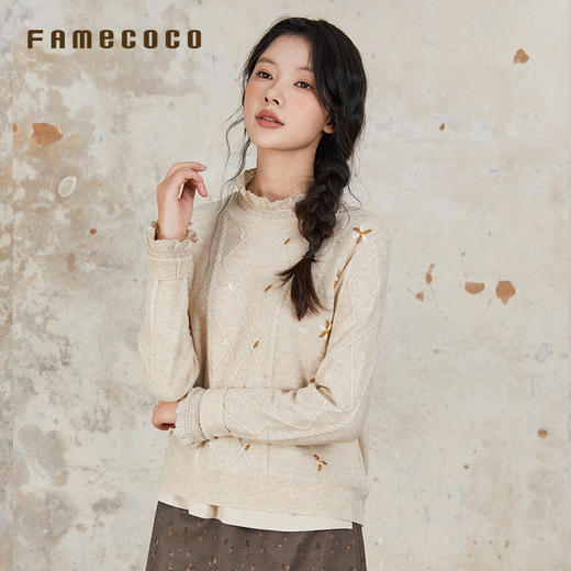 Famecoco范可儿套头毛衫圆领大领口长袖上衣设计感刺绣女FAB6DB010 商品图1