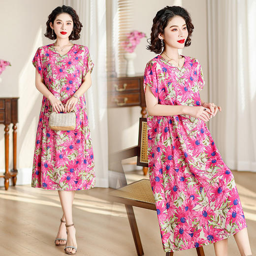 HS-318yx棉绸连衣裙女夏装人造棉短袖大码印花长裙子 商品图1
