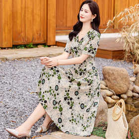 HS-2024棉绸连衣裙新款夏季女时尚印花人造棉宽松大码外穿长裙子