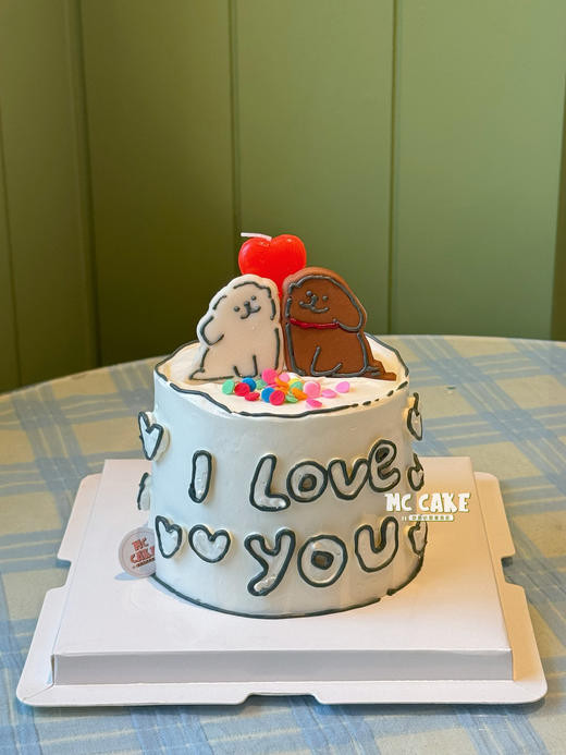 七夕|线条小狗贴贴情侣蛋糕（包含原图爱心蜡烛） 商品图1