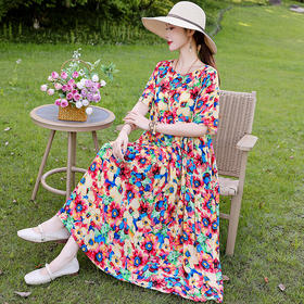 HS-01棉绸连衣裙女夏天大码气质宽松胖妈妈遮肚显瘦纯色休闲棉麻长裙子