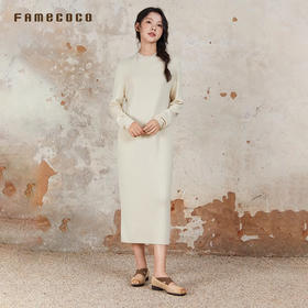 Famecoco范可儿连衣裙含羊毛纯色圆领刺绣H型文艺长裙女FAB6FA032