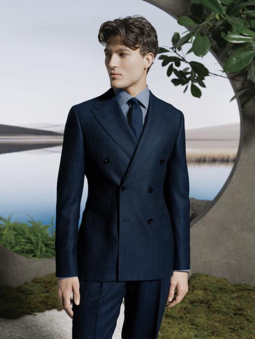 Stylbiella 「Cucinelli风格」澳洲美丽诺羊毛绒感360克重深蓝色暗条纹全麻衬西装套装 商品图0