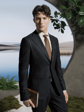 Stylbiella 「Cucinelli风格」澳洲美丽诺羊毛绒感340克深灰色暗宽条纹全麻衬西装套装