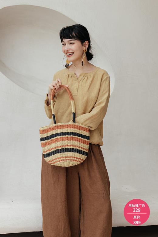 绽放旅行女装589朵/干洗亚麻圆领半开襟九分袖衬衫下摆收口小衫 商品图5