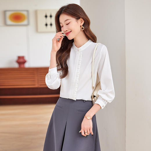 Q190新款长袖春秋气质衬衣白色时尚小众秋季设计感百搭通勤衬衫 商品图1