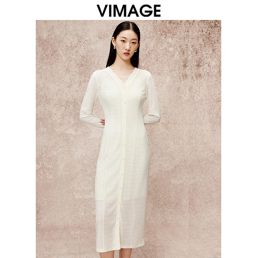 VIMAGE纬漫纪气质镂空修身显瘦钩花两件套连衣裙秋季新款V2207816 商品图4