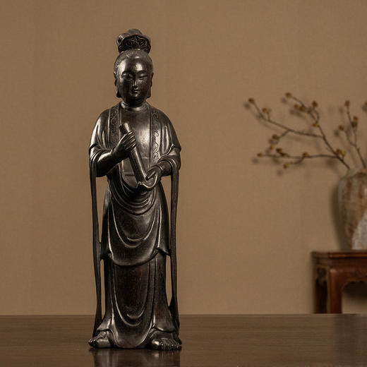 清 紫檀木雕持卷仕女摆件 商品图0