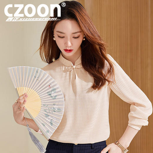 XZ-XXN22651中国风休闲显瘦复古长袖衬衫秋季时尚百搭立领盘扣雪纺衬 商品图1