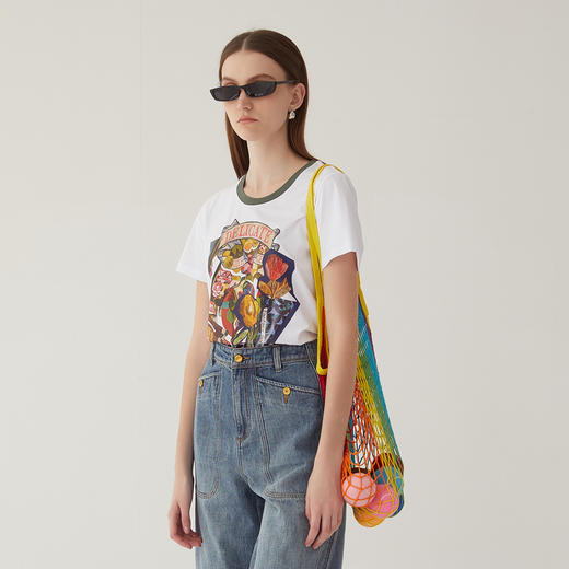 谜底T恤短袖女2024夏季新款圆领复古特色印花修身上衣246MT7047 商品图1