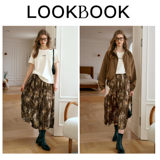 
OLrain欧芮儿法式复古印花半身裙女夏季2024新款A字百褶裙中长款 商品图4