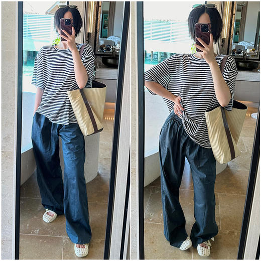 HIDEMI 度假系列极简水洗亚麻色织条纹柔软廓形短袖t恤 蓝色条纹/灰白条纹 商品图1