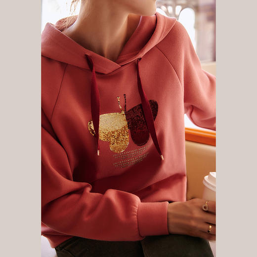 欧芮儿法式连帽卫衣女2024秋季新款宽松休闲设计感潮ins红色上衣 商品图3