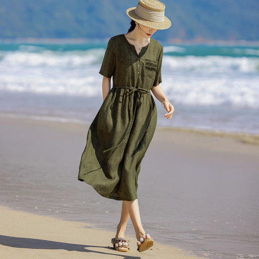 HM-S434春夏原创新款文艺亚麻印花连衣裙V领塔克褶口袋中袖系带高腰 商品图2