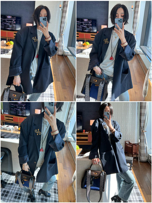 HIDEMI 秀款极简大廓形垫肩大宽肩藏蓝色色织条纹男朋友西装 商品图5