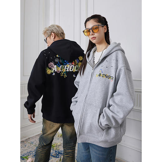 【Achock官方店】潮牌拉链开衫运动休闲美式花卉刺绣重磅开衫卫衣 商品图1