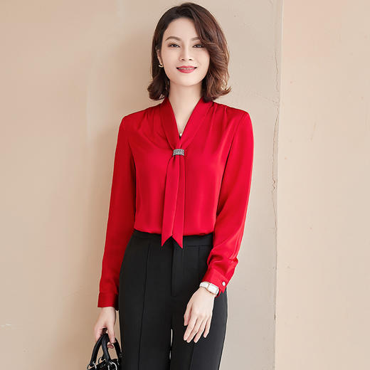 XZ-XZ-YZH6566飘带白色衬衫女秋季薄款醋酸缎面上衣职业装气质雪纺长袖白衬衣秋 商品图0