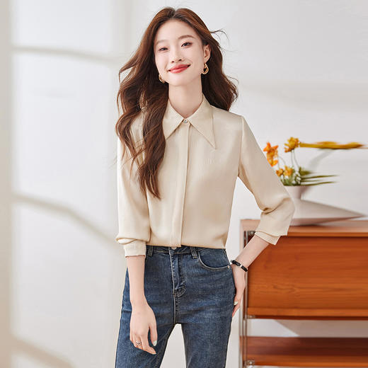 Q172新款长袖衬衫白色女士春秋法式修身通勤休闲百搭衬衣 商品图4