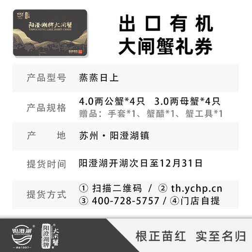 【秋高蟹肥】阳澄湖牌大闸蟹  #蒸蒸日上 1688型#  公蟹4.0；母蟹3.0四对装 礼券 商品图1