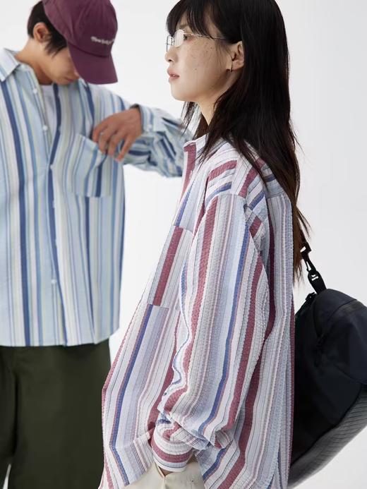 步履不停/4B23109C/泡泡纱纯棉竖条纹长袖衬衫 商品图0