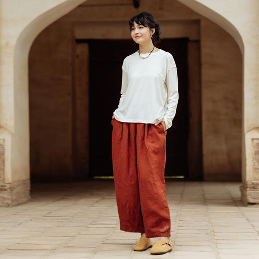 绽放旅行女装128朵/天然亚麻宽松休闲裤全腰松紧文艺透气九分裤 商品图1