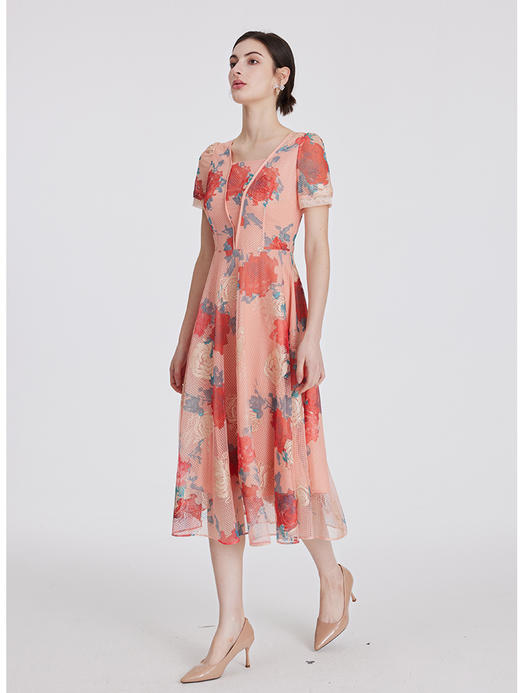 司歌网纱刺绣印花连衣裙古典优雅短袖显瘦 商品图4