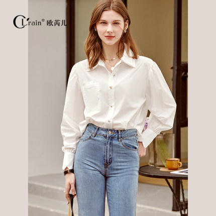 
欧芮儿法式白色长袖衬衫女新款2024双层领蜜蜂刺绣宽松职场衬衣 商品图0