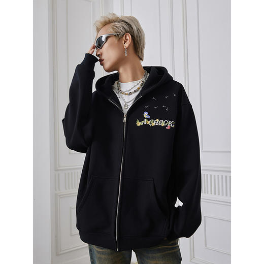 【Achock官方店】潮牌拉链开衫运动休闲美式花卉刺绣重磅开衫卫衣 商品图2