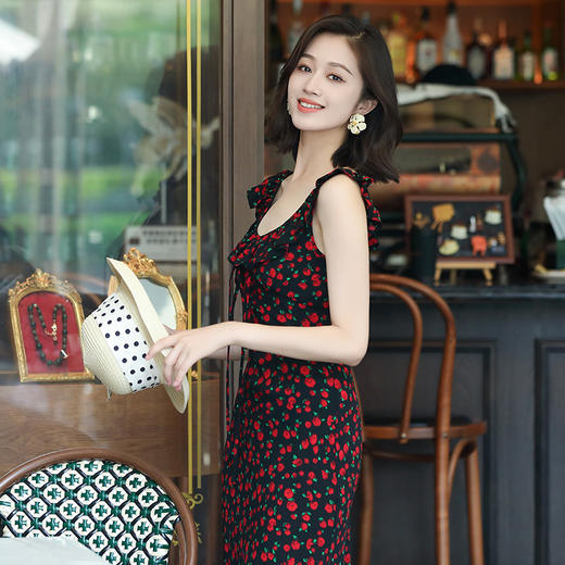 OY-24508夏季新款碎花无袖连衣裙优雅红色显瘦修身吊带鱼尾裙24508 商品图2