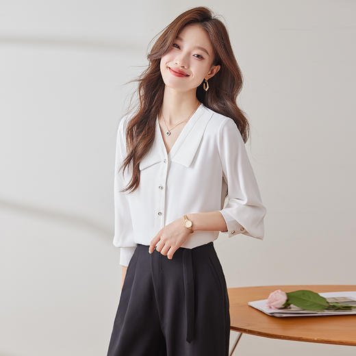 Q180新款长袖气质衬衣白色洋气时尚春秋小众设计感宽松百搭衬衫 商品图0