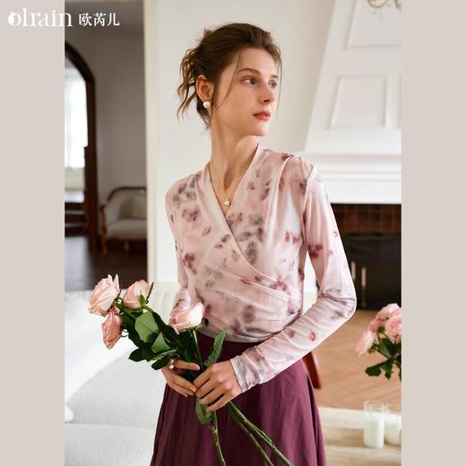 
欧芮儿2024夏秋季新款V领修身短款长袖T恤扎染网纱粉色打底衫女 商品图0