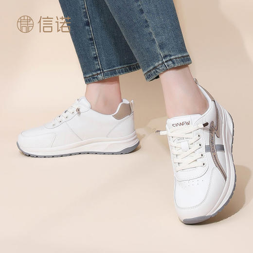 信诺女鞋小白鞋2024新款秋季真皮厚底运动跑步老爹鞋软底妈妈鞋子Q5002-6 商品图4