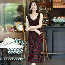 OY-24508夏季新款碎花无袖连衣裙优雅红色显瘦修身吊带鱼尾裙24508
