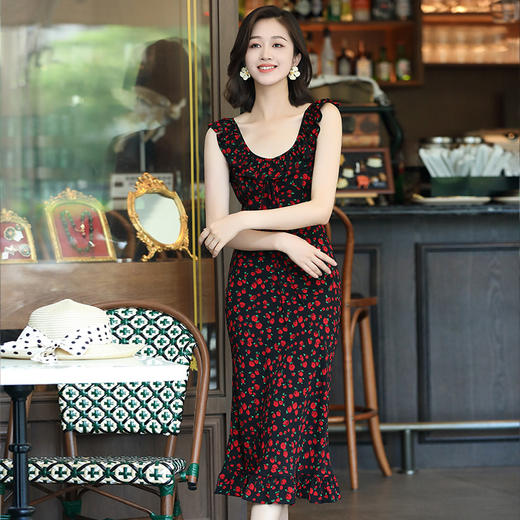 OY-24508夏季新款碎花无袖连衣裙优雅红色显瘦修身吊带鱼尾裙24508 商品图0