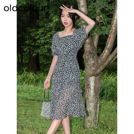 oldcolour碎花连衣裙2023夏季新款方领气质薄款中长裙GP21101737 商品图0