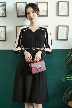 ELLA JADE 米黑撞色袖子拼接连衣裙 13189【不含腰带】