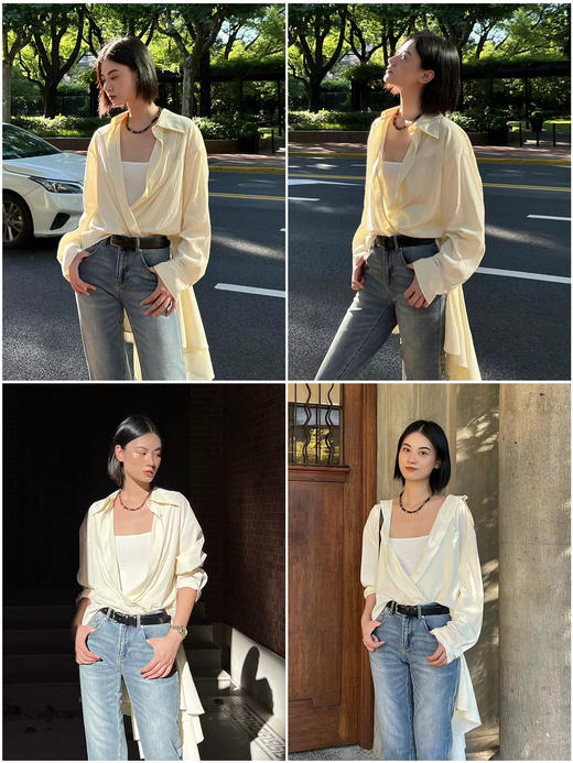 HIDEMI 极简设计感腰部围裹丝巾燕尾系带式多穿连衣裙衬衫 艺术灰/奶油米 商品图3