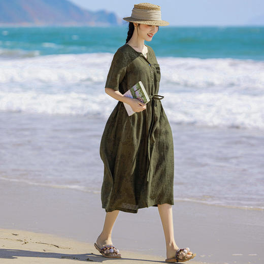 HM-S434春夏原创新款文艺亚麻印花连衣裙V领塔克褶口袋中袖系带高腰 商品图1