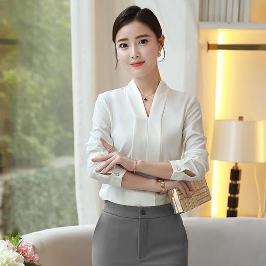 XZ-6311    V领雪纺春新爆职业装女装工作服打底衬衫时尚长袖衬衣 商品图0