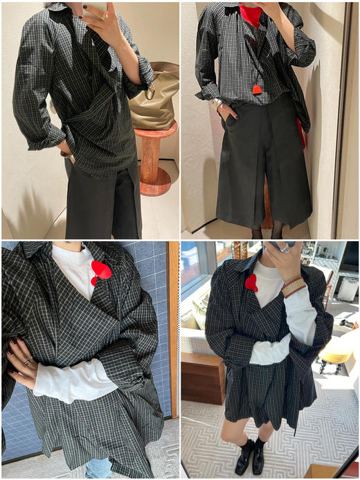 HIDEMI 限定色织格纹极简廓形设计感堆叠感可拆卸腰带式宽松版衬衫 商品图1