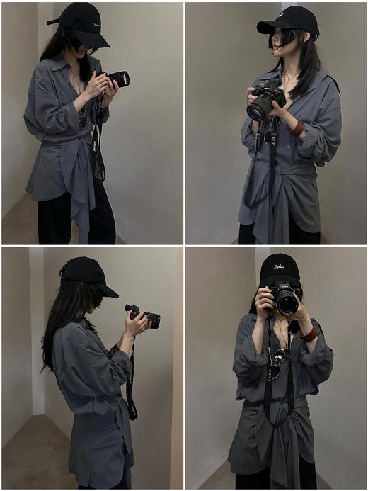 HIDEMI 极简设计感腰部围裹丝巾燕尾系带式多穿连衣裙衬衫 艺术灰/奶油米 商品图1