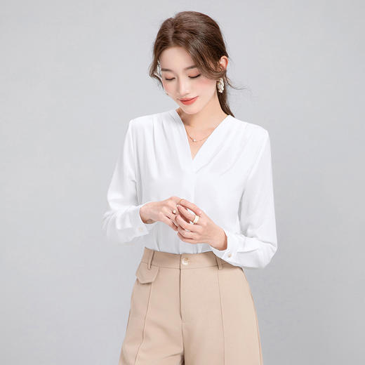 Q133春夏气质长袖白色时尚百搭衬衫小众通勤设计感显瘦衬衣女 商品图3
